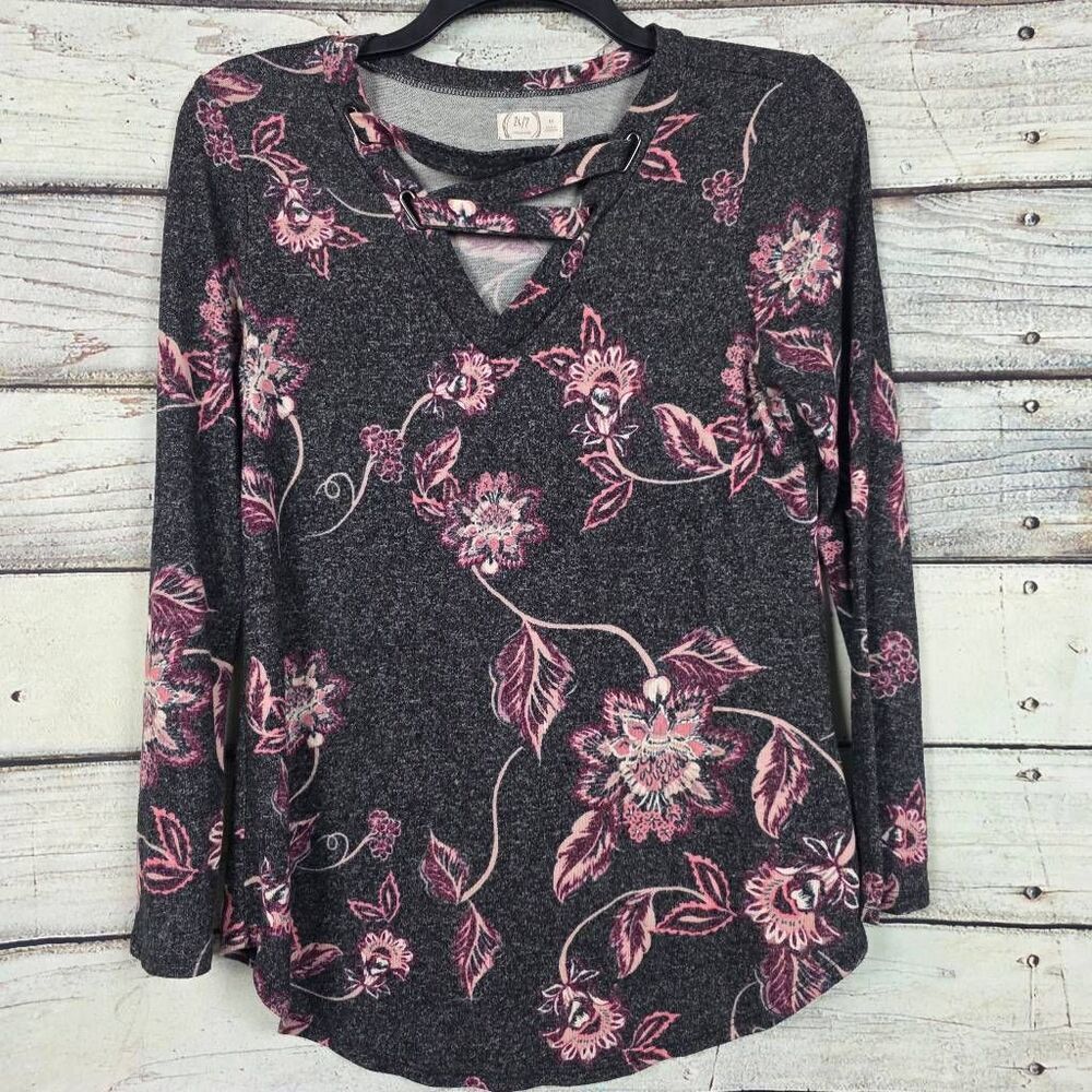 Maurices 24/7 Floral Knit Top Crisscross Neck Women’s M